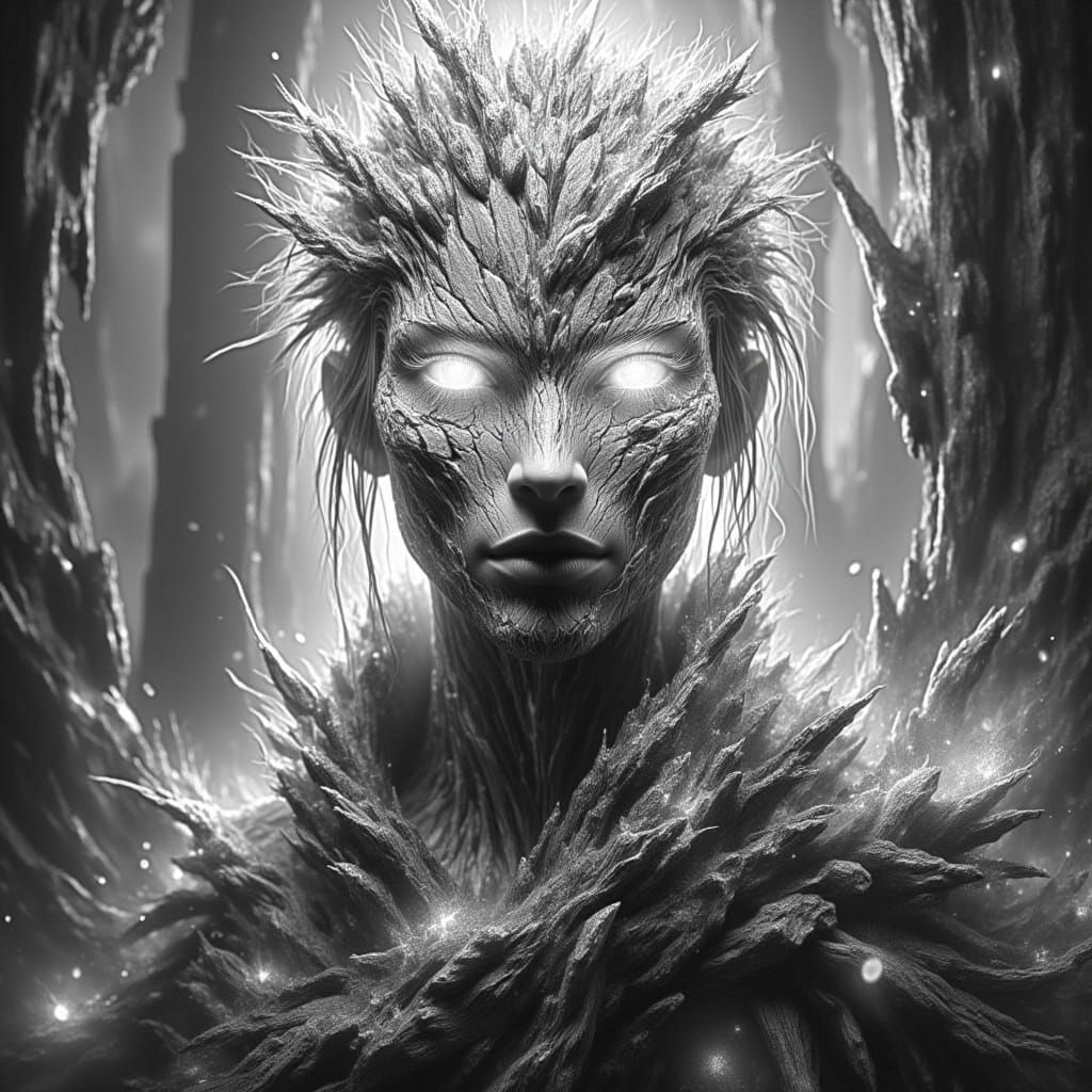 <lora:-Omnious BnW-:1.0>  Whimsical atmosphere ▪ Enchanted forest setting ▪ Scarecrow figure with glowing eyes and a fabric head ▪ Playful c...