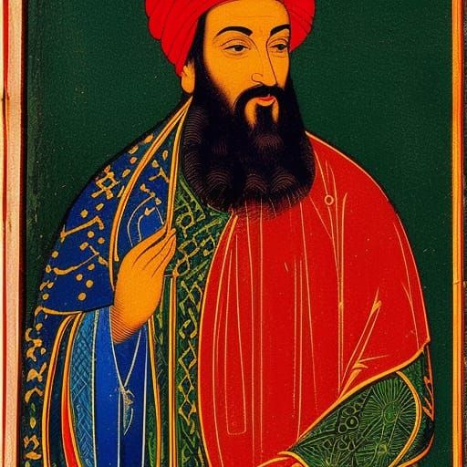 Ibn Sina in medieval Isfahan, woodcut centered symmetric