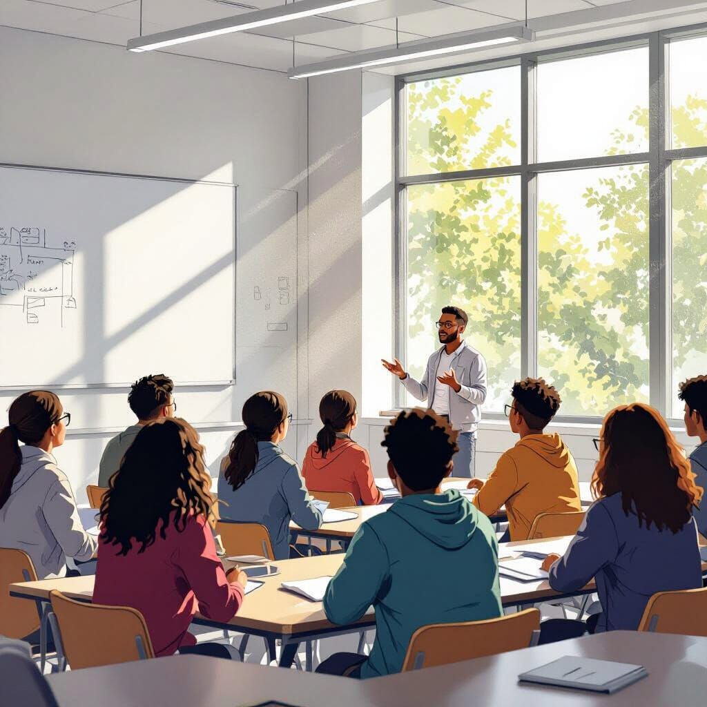 Students Learning in a Bright Modern Classroom Illustration