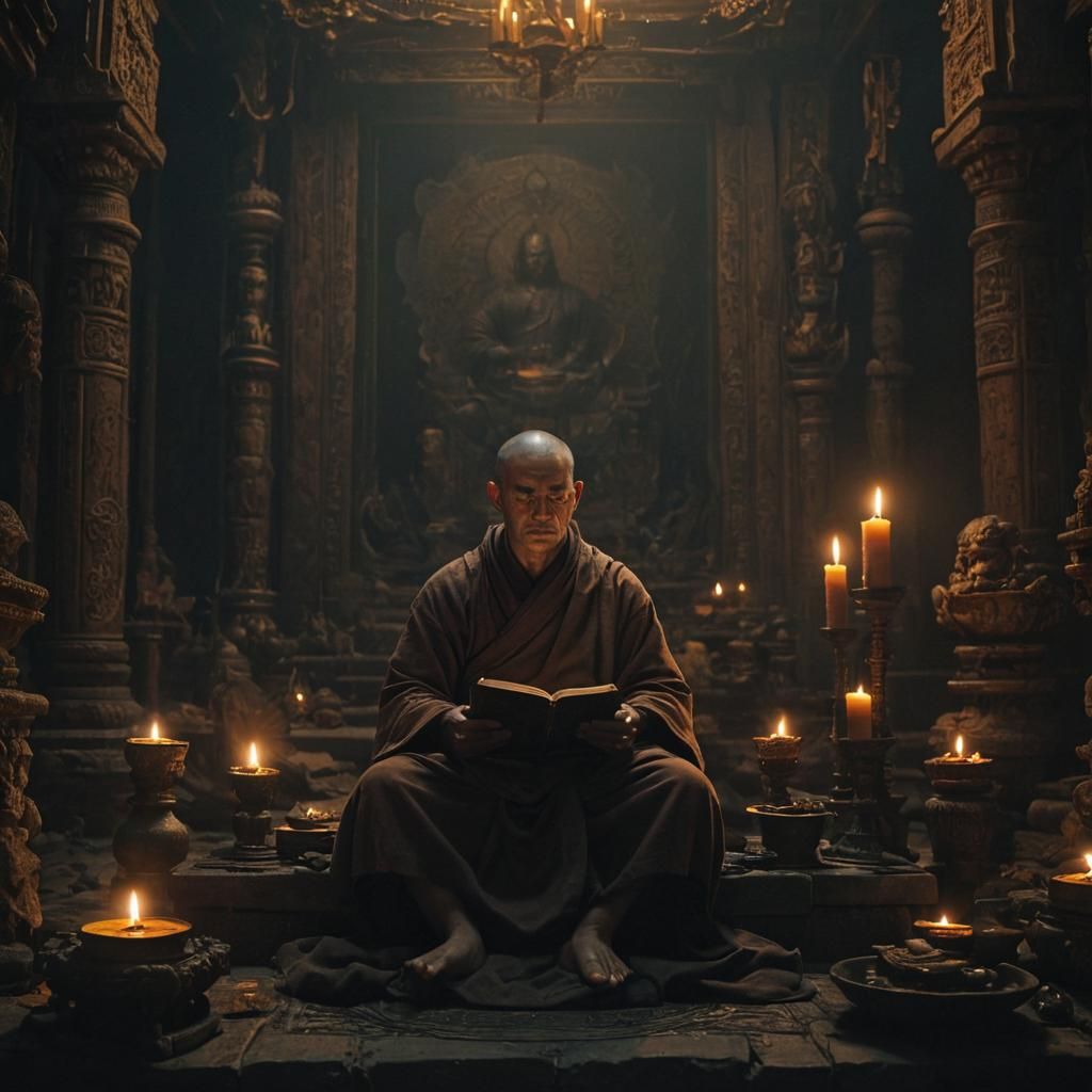 Monk Contemplation in Candlelight: Digital Matte Painting