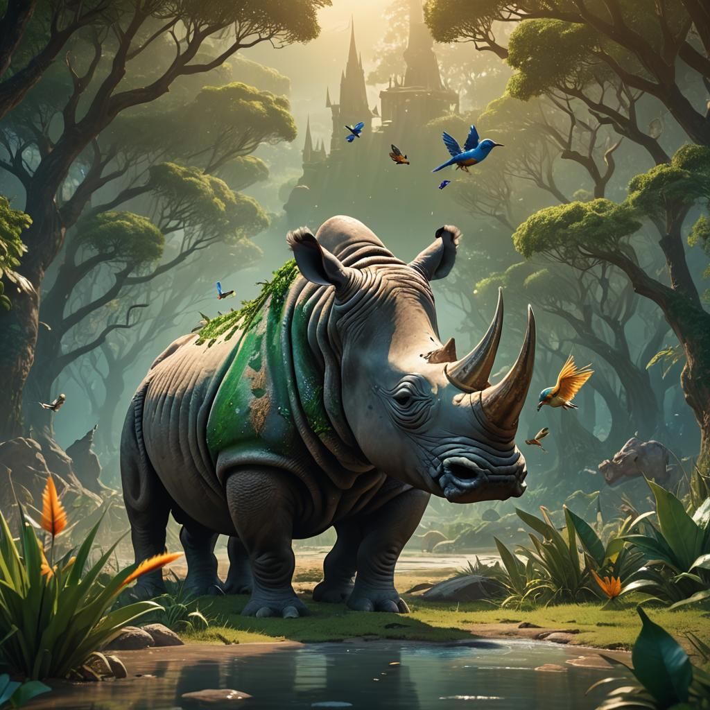 Rhino and Bird Matte Painting in Fantasy Style