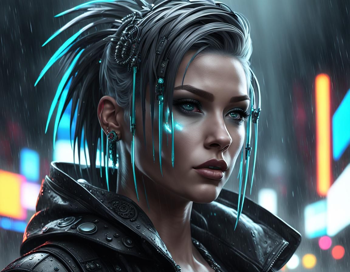 Greyscale, black and white cyberpunk punk girl, neon Colour accent ...