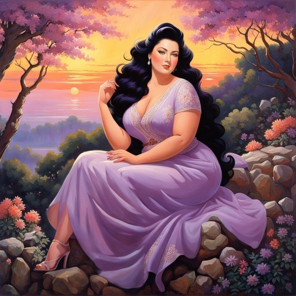 Painting of a beautiful plussize woman sitting on rockfence elegantly