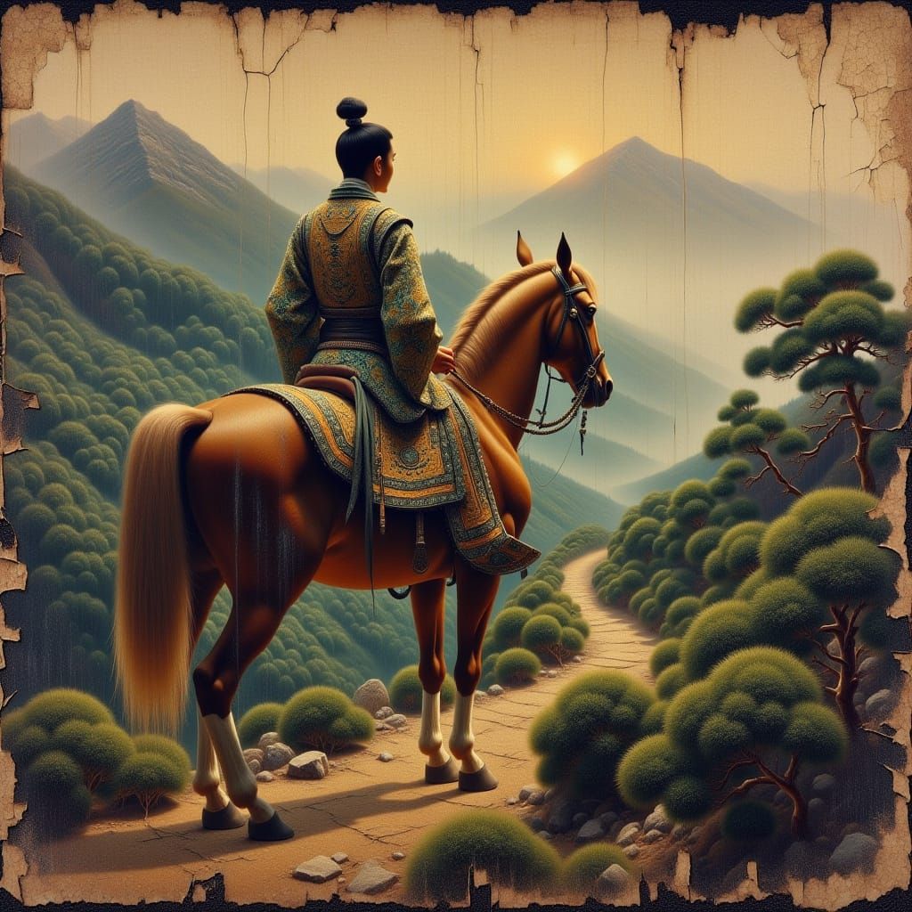 <lora:craquelur:1.0> cracks craquelure old japanese tapestry. a luxuriously dressed daimyo on a luxurious horse on a mountain trail. Oil on ...