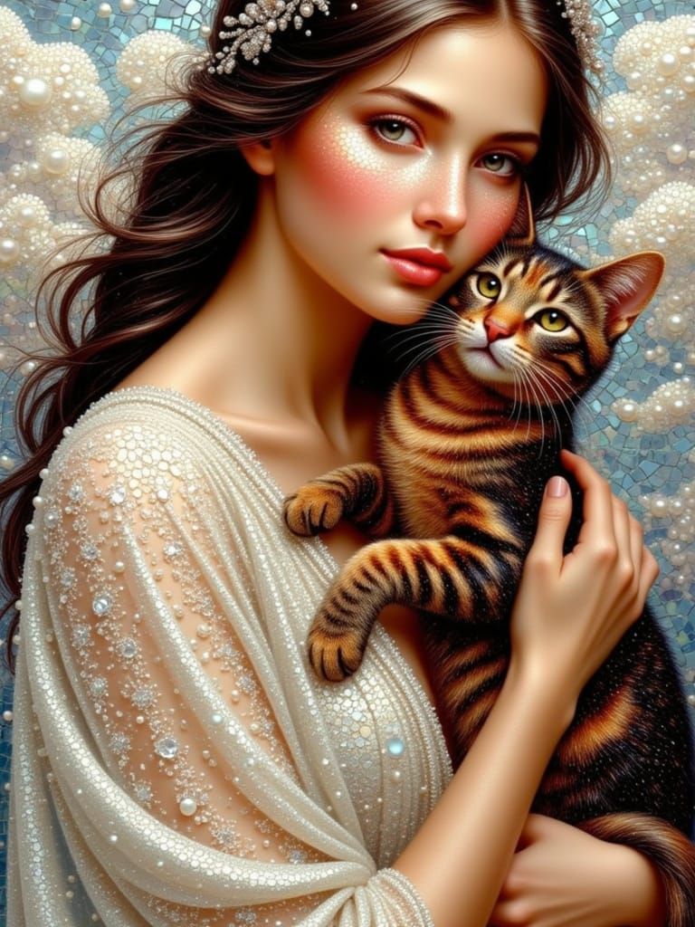 <lora:MOSAIC PEARL GLITTER:1.0> A tranquil woman with a gentle smile, wearing a flowing white robe with intricate lace details, cradles her ...