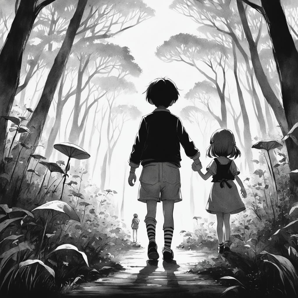 Charming Anime Siblings in Black and White Forest