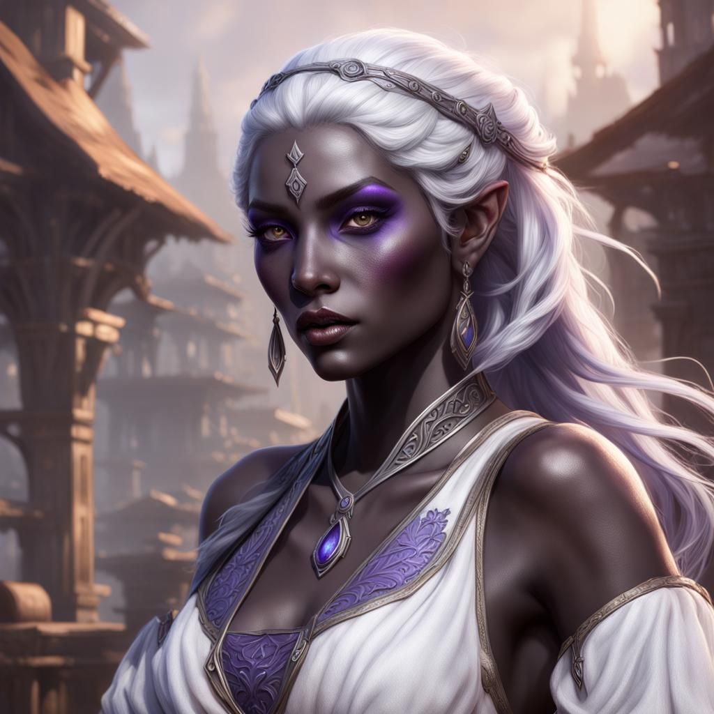 a female drow bard with lavender eyes, grey skin, and white hair - AI ...