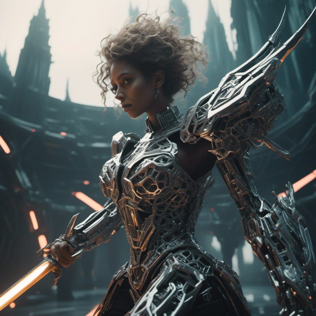 <lora:Mesh:1.0> A barbaric woman charging with sword Cinematic film still, shot on v-raptor XL, film grain, vignette, color graded, post-pro...