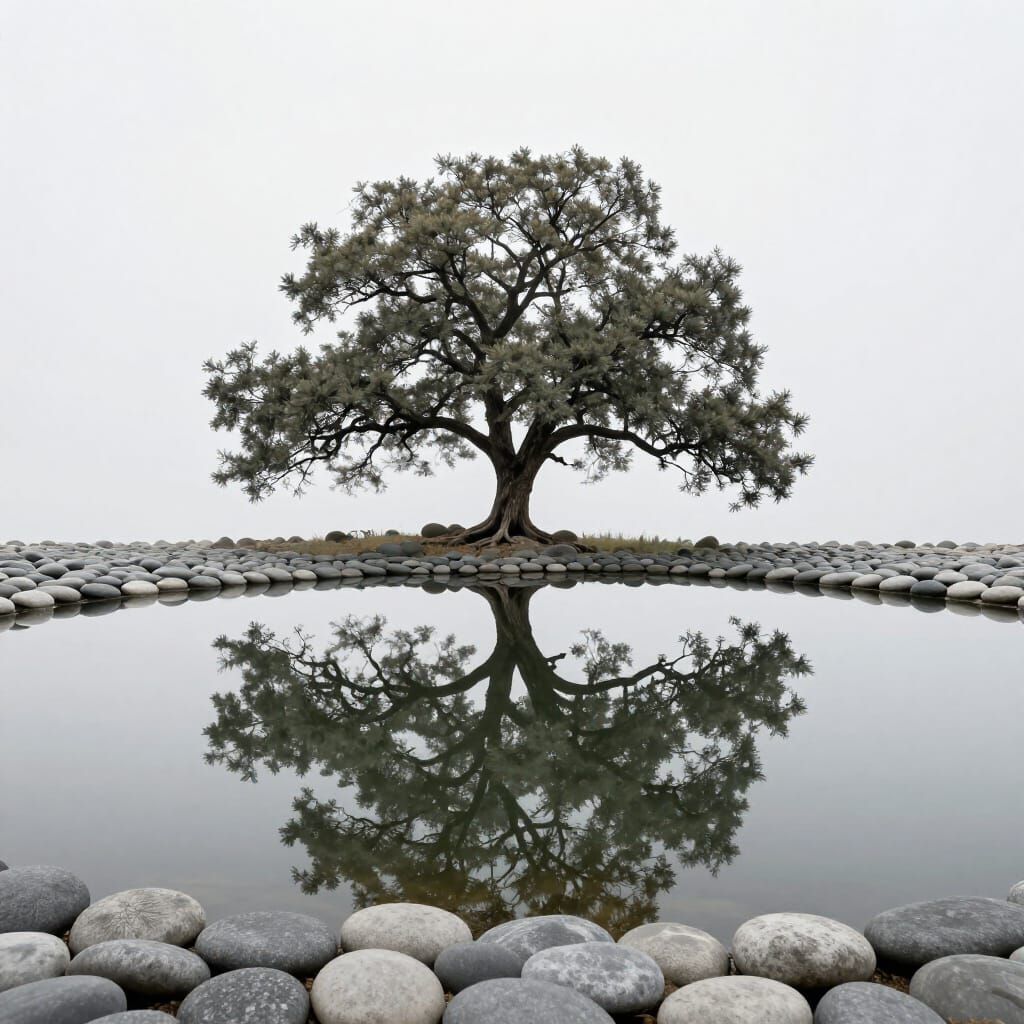 A perfectly still, shallow pond reflects an ancient, gnarled oak tree and the pale, cloudless sky above. ...