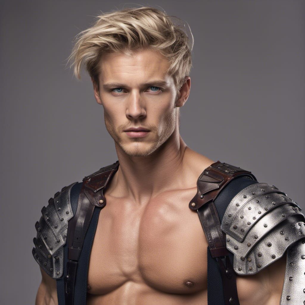 A blond male model, tall, 20 years old, hairy, Steve kuchinsky style, broad  shoulders, ribs, muscled, leather armor, modern haircut,... : r/nightcafe