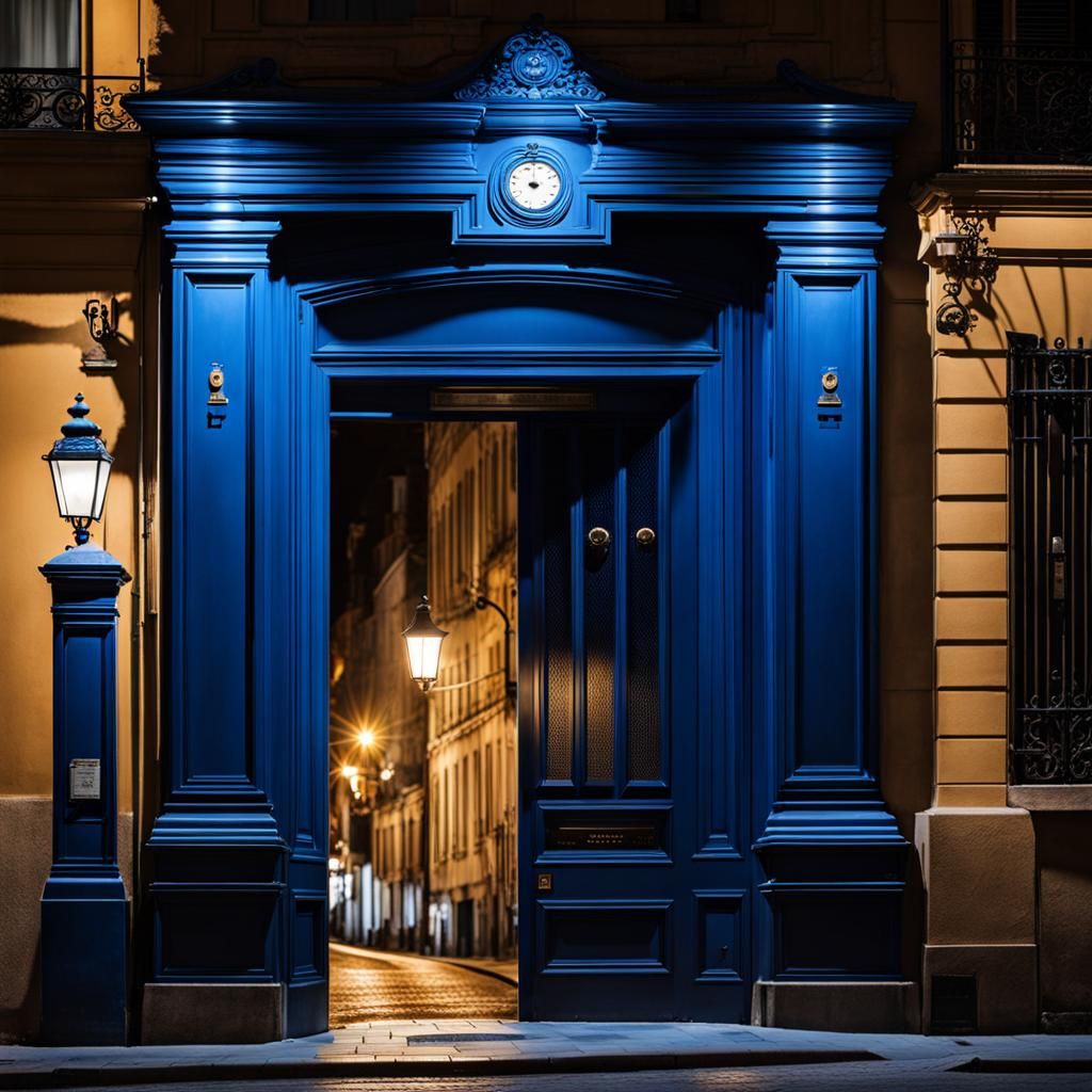 grande porte bleu de face dans une rue la nuit