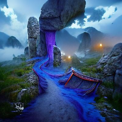 mystic path, hyperrealistic, ancient, blue and violet