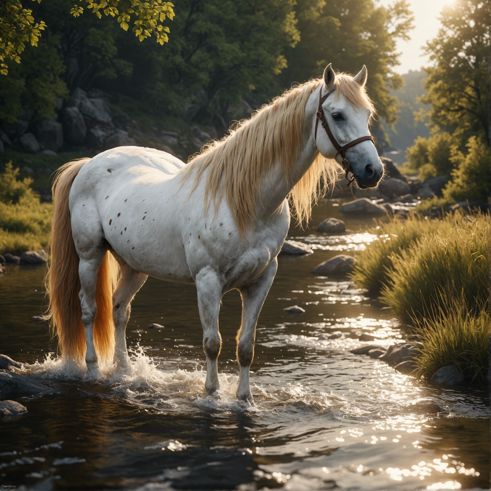 young mare white coat long golden mane standing at a river