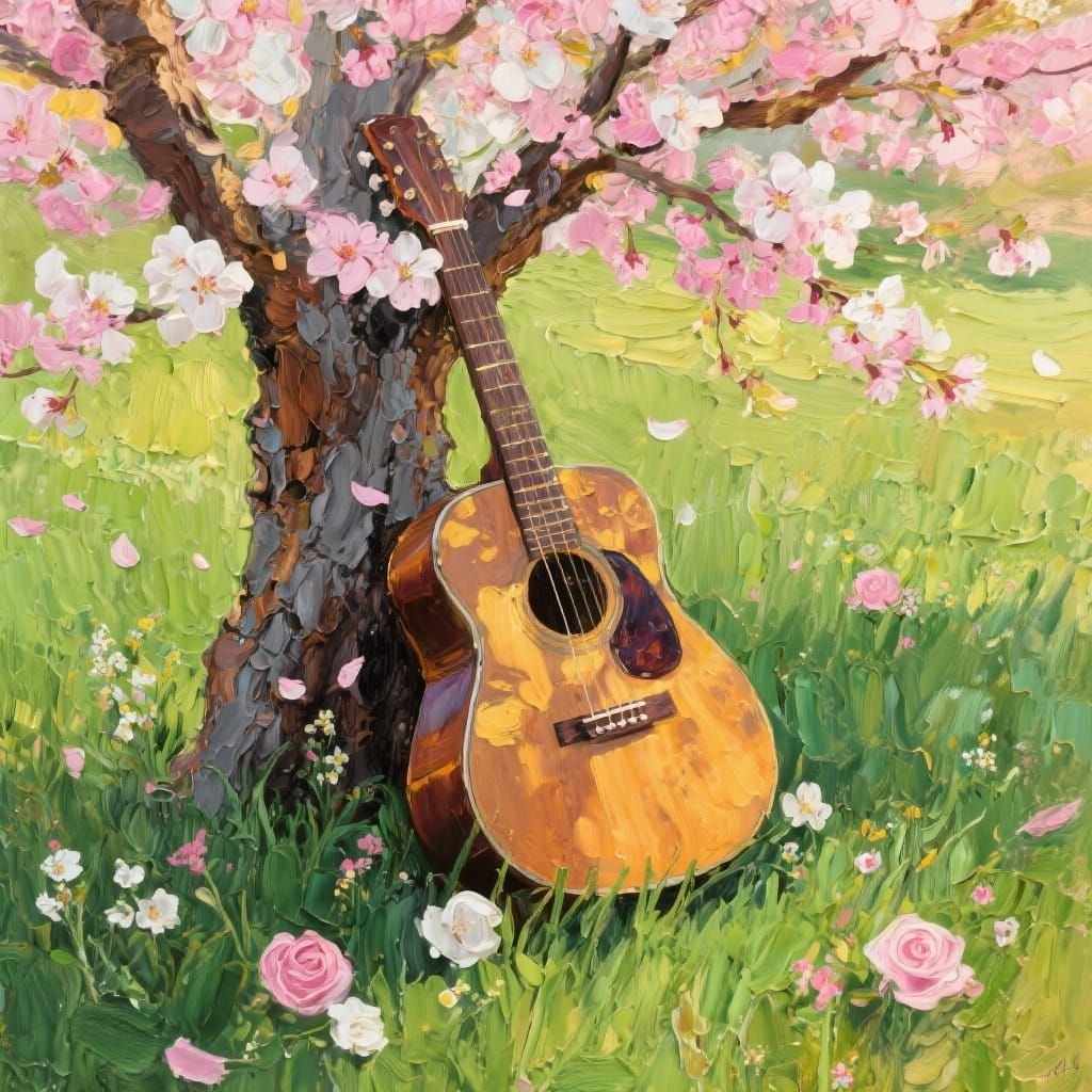 Impasto Guitar Under Cherry Blossoms Painting