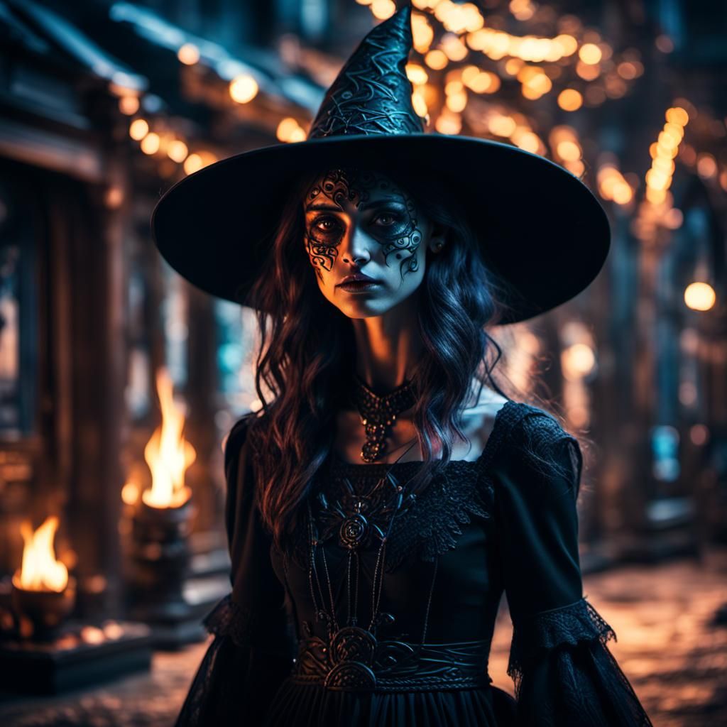 neon witch with a black dress
