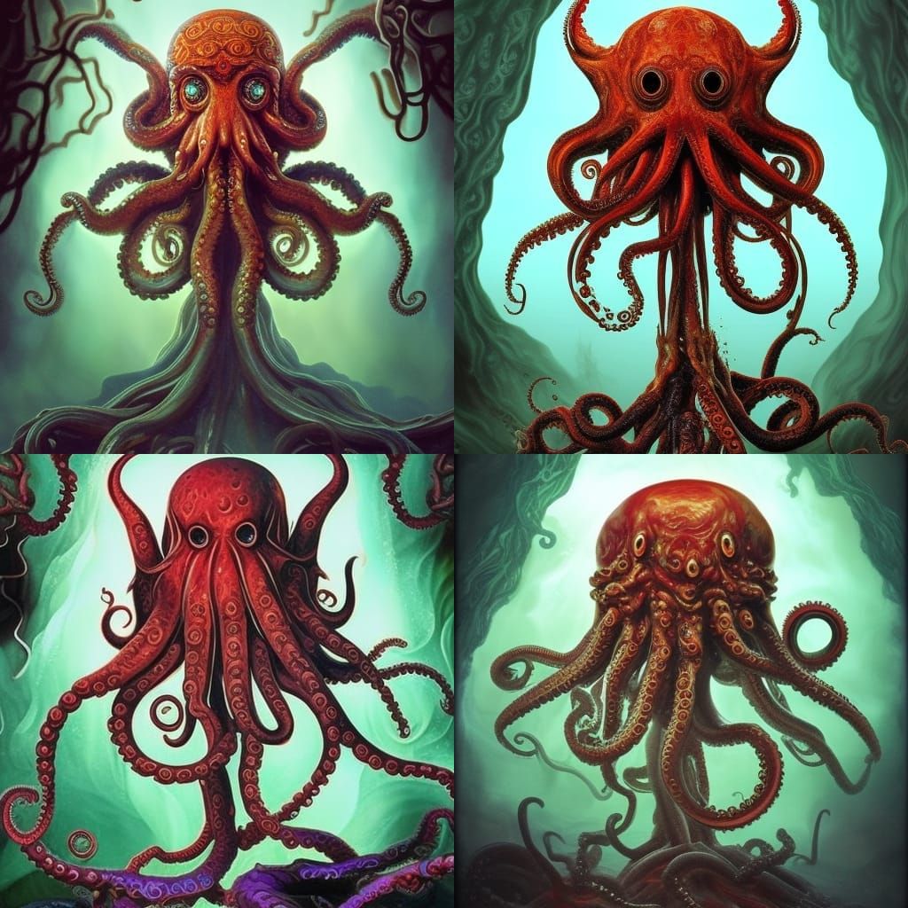 Impressive almigthy Cthulhu deity! with mati eyes and octopus fractal tentacles intertwined with Pappardelle wisps Ketch...