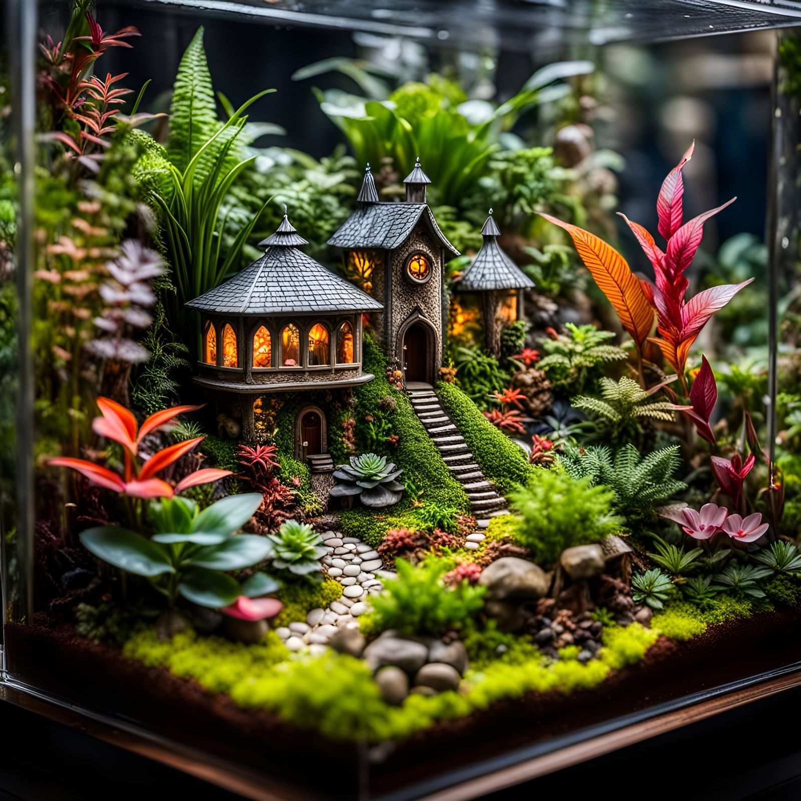 a large rectangle terrarium filled with colorful exotic plants and a tiny fairy village with a fairy ...  by @Patsy 