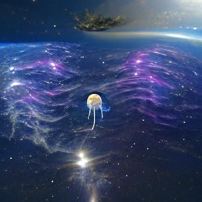 A jellyfish swimming in space