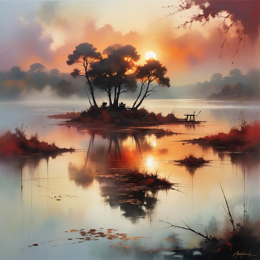Dreamy, Romanticist-inspired landscape of a misty, red copper sunset  lake  by @Mapont