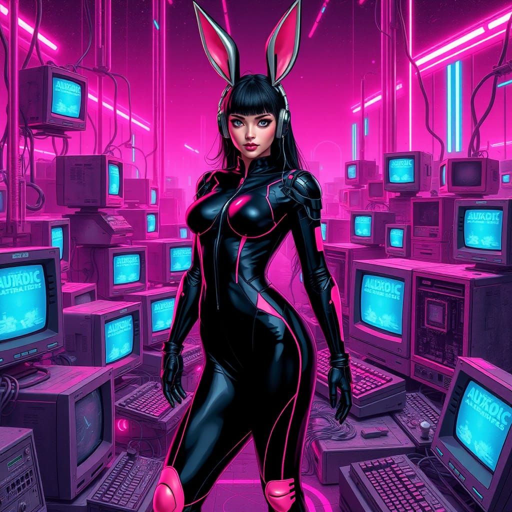 neon pink Cyberbunny bot woman on landscape AI