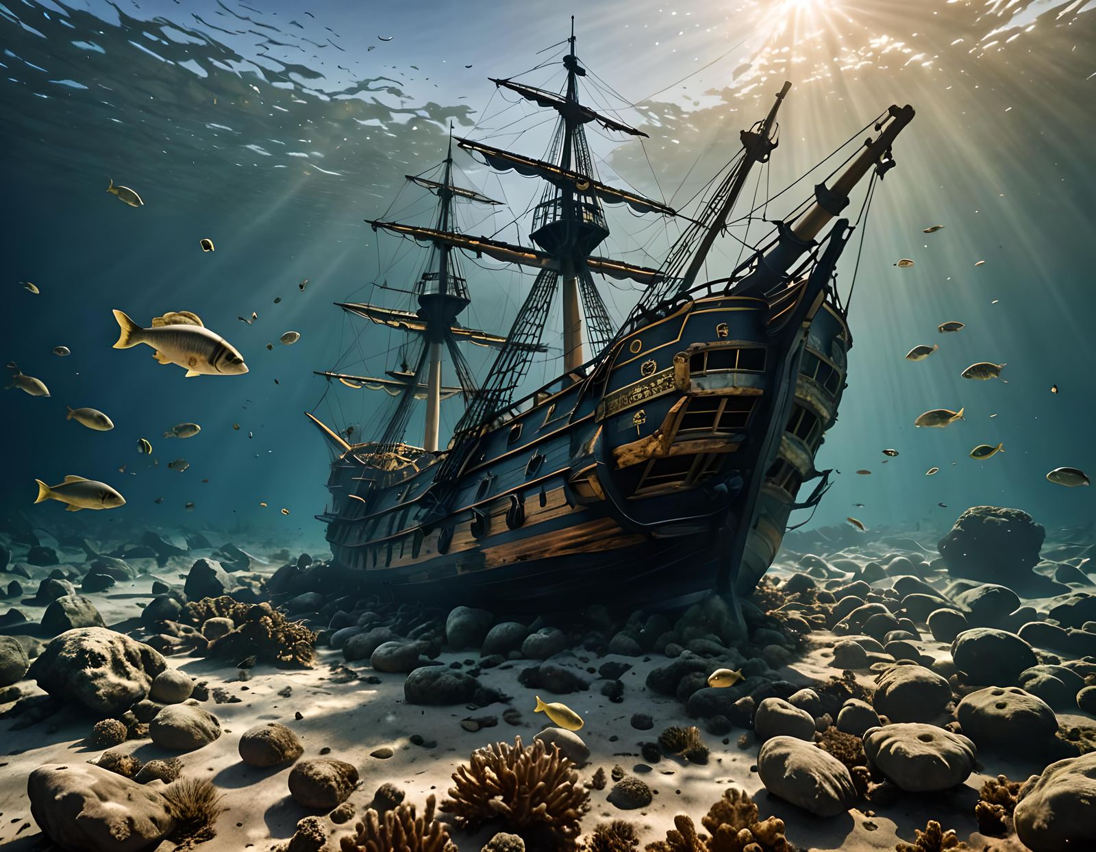 HMS victory, wrecked on the sea bed. Sunlight filtering through the sea, as schools of Fish swim by. ...  by @Mike