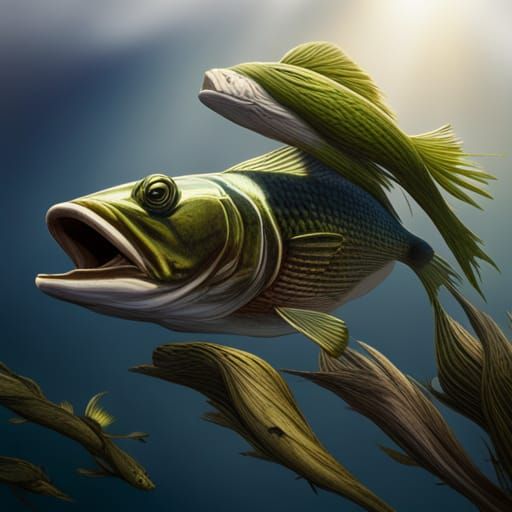 Largemouth bass following lure underwater,by a bunch of dead...