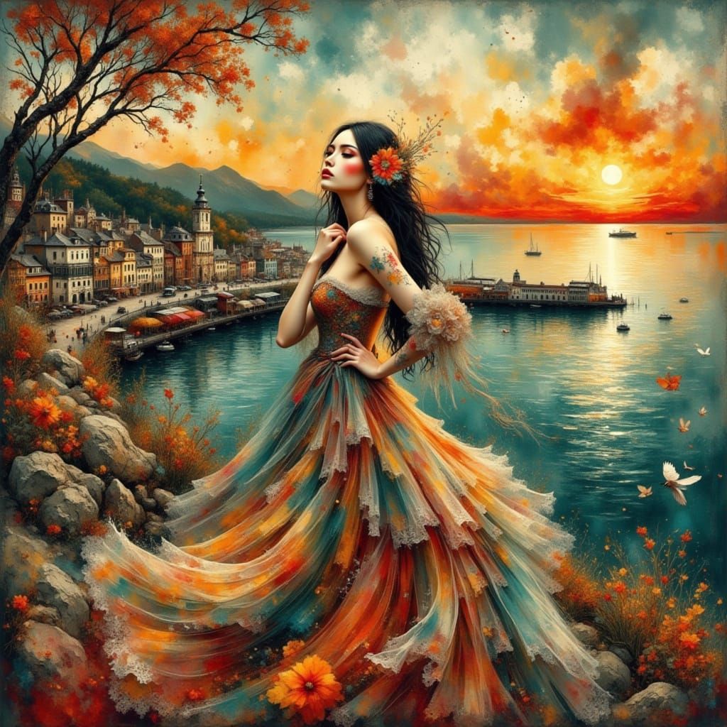 Klimt-Inspired Woman in Surreal Autumn Market Town