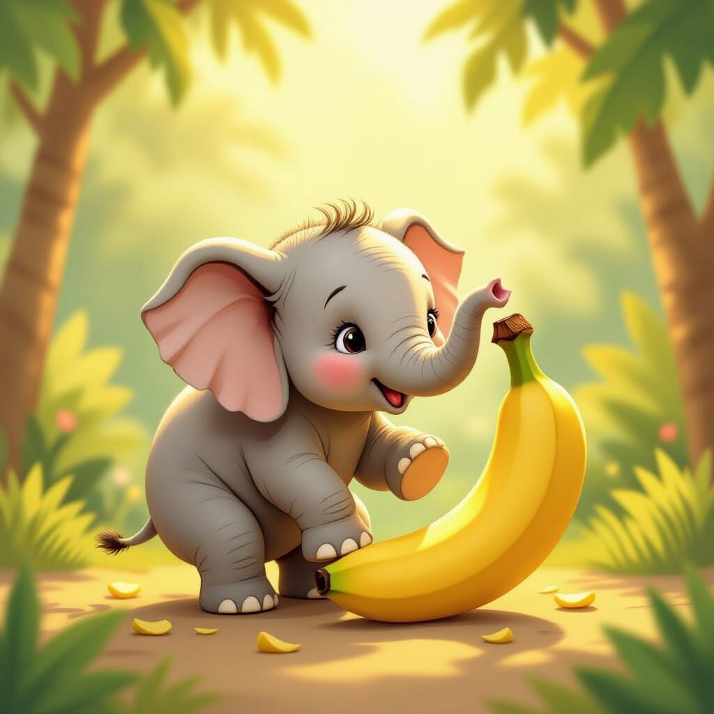 Miniature Elephant Tries to Eat Banana in Storybook Style