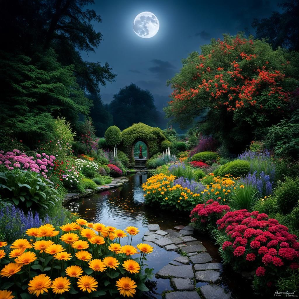 <lora:Pop Surrealism:1.0> <lora:surreal world:1.0> english garden under full moonlight with cobblestone walk way.
