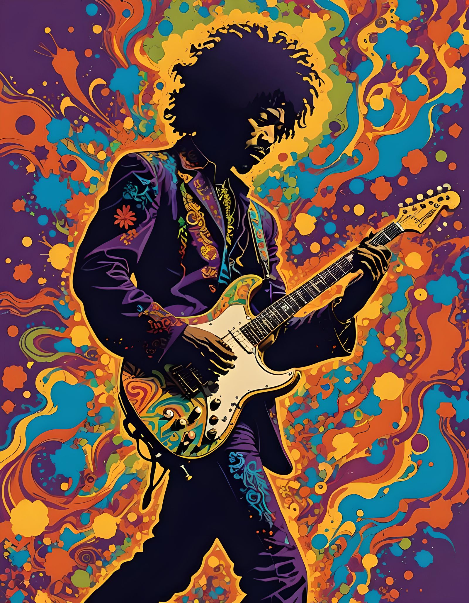 psychedelic colorful silhouette of Jimi Hendirx in full guitar mode  by @Norman