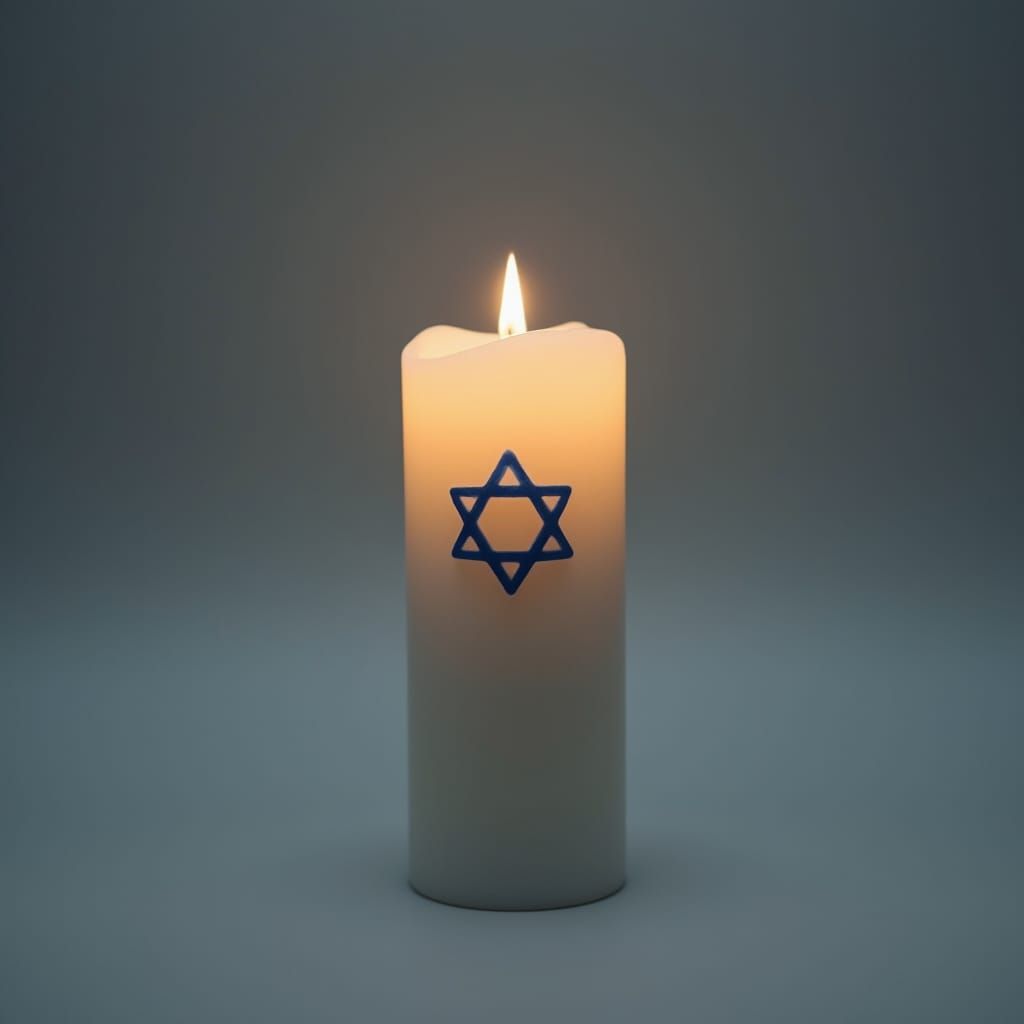 a momrial candle with blue star of david on it, gray backgro...