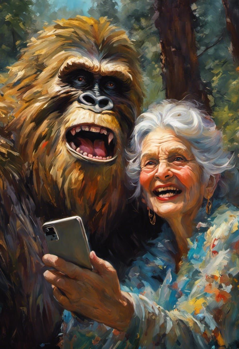 An old woman taking a selfie with Sasquatch   by @Asteria