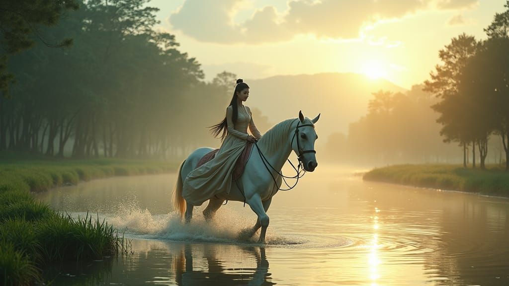 A beautiful Asian woman riding a white horse across a small river crossing on a sunny day. 