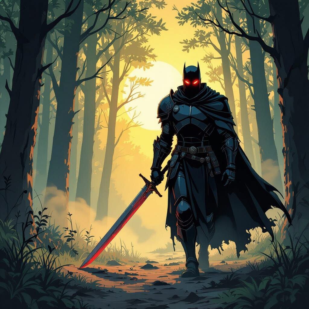 Create me a dark knight with glowing eyes, he walks tiredly Ashe drugs his sword in a forest at dawn and the light shines bright on him show...