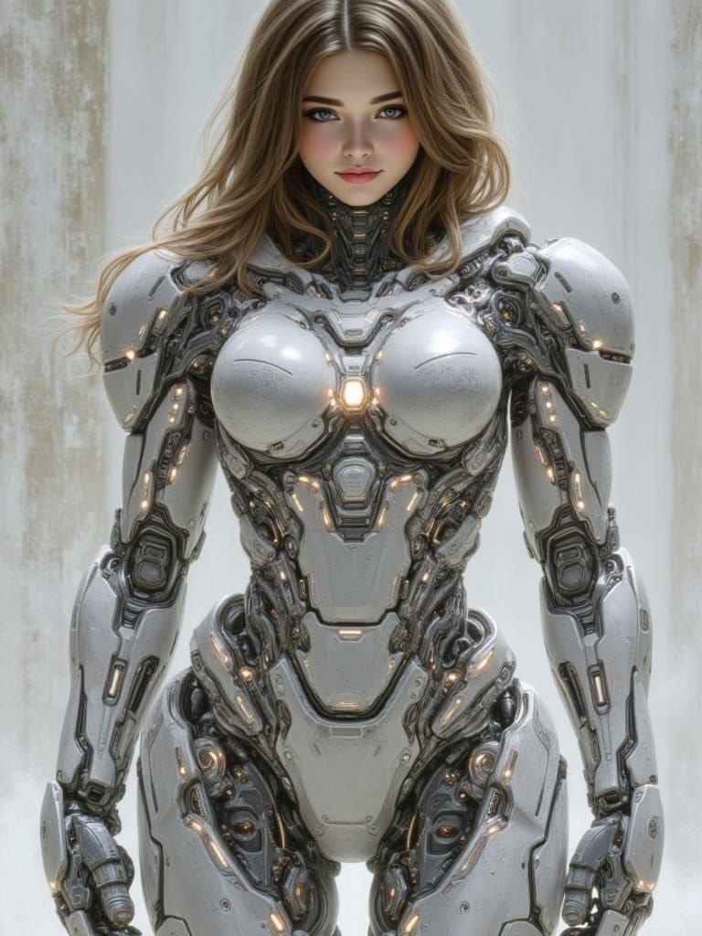 <lora:Cyberlleon Girls:1.0> Biomechanical soldier girl, organic-mechanical suit fused to skin, glowing veins, posed like a classical statue,...