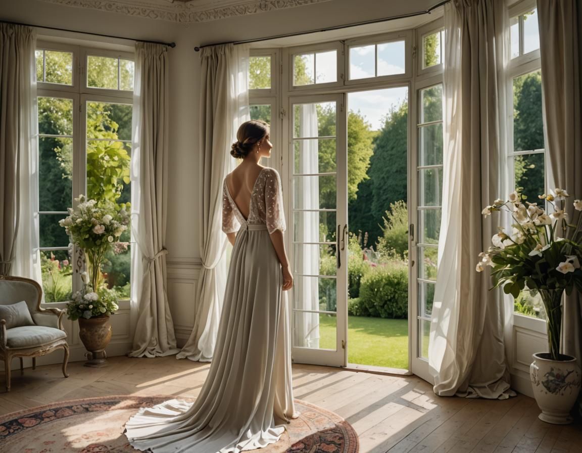 beautiful woman at french window
