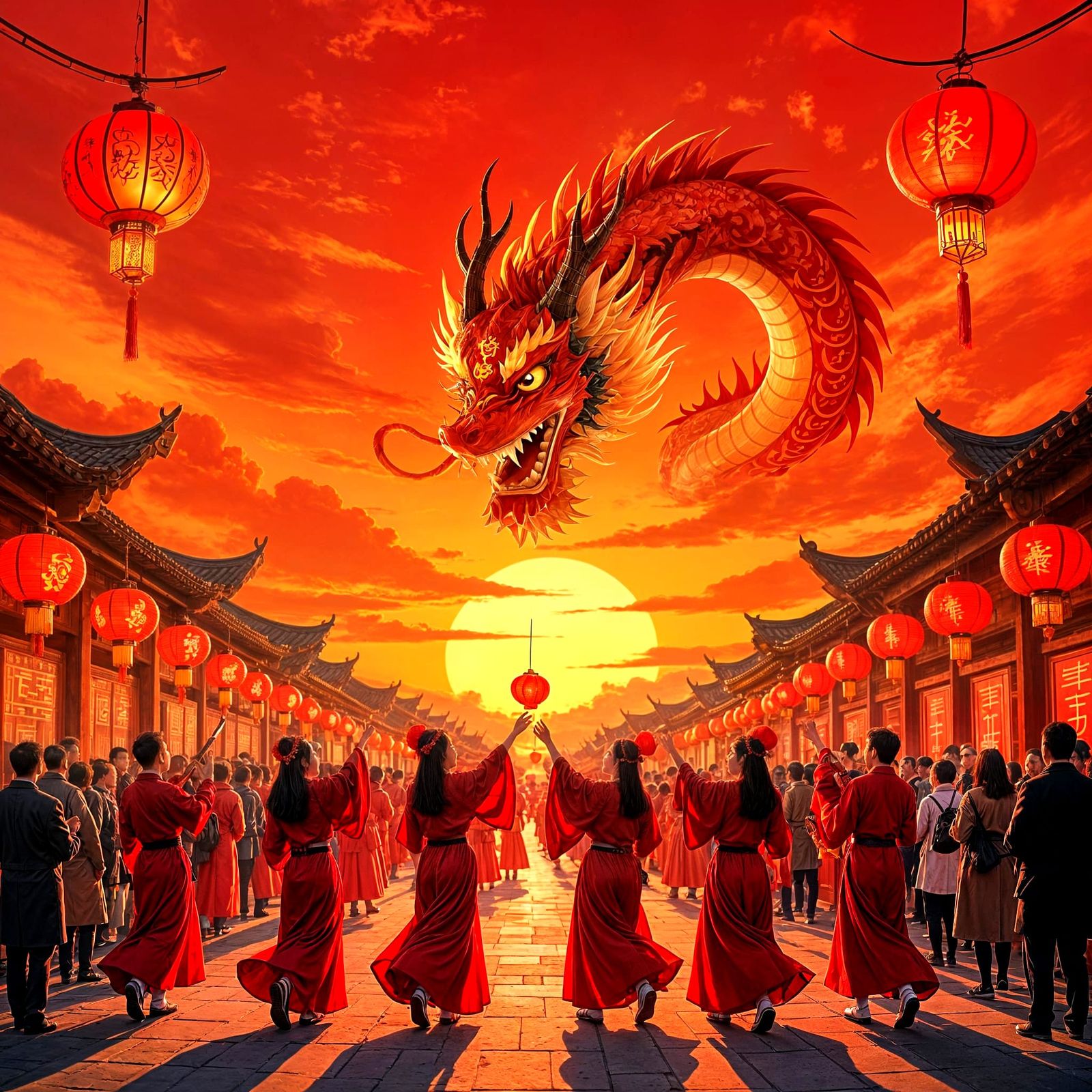 Chinese New Year with a fire-red theme, with red lanterns hanging and a red dragon, beautiful red sunset ...  by @creativesoul