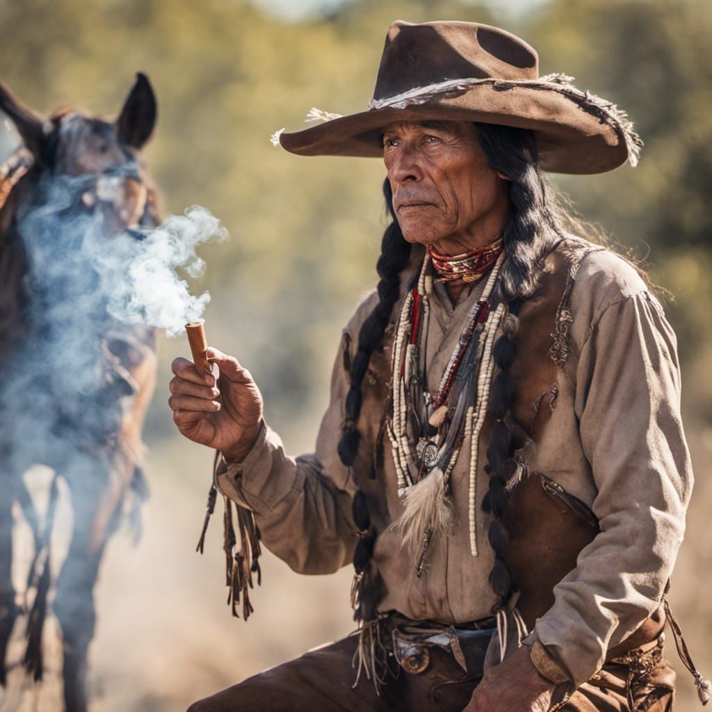 Native American,action smoking a peace pipe,with cowboys,180...