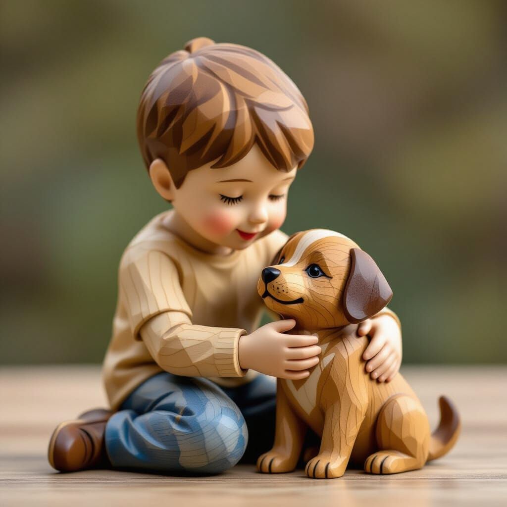 A wooden carved sculpture of a small boy playing with his puppy.  Make the boy and cat both made with ...  by @Minahal 
