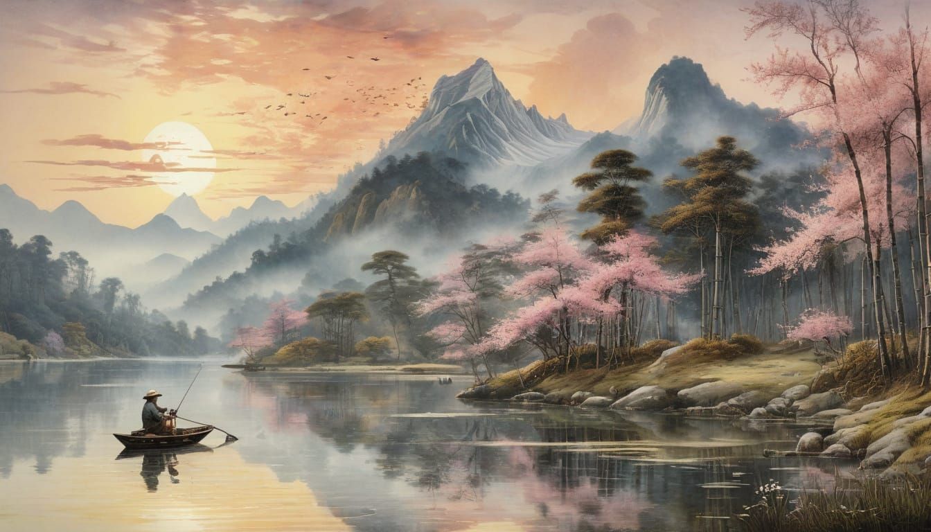 an ink, pencil and water colour watercolor painting of a mountain and a small boat on a quiet lake. An ...  by @AutumnBear