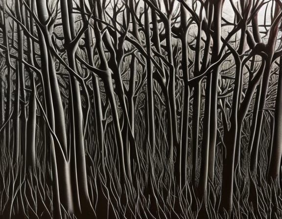 Art by H.R. Giger, spooky forest, bronchiole veins, silhouettes from ...