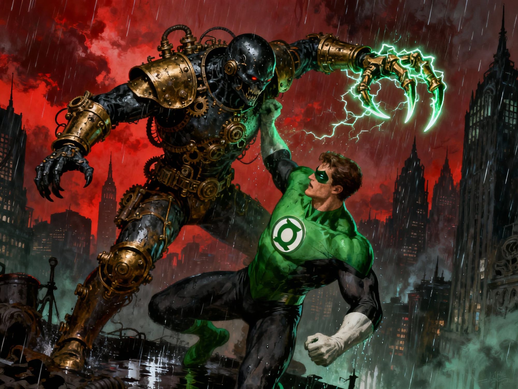 Steampunk Horror Version Of Blackhand with a Yellow Power Ring attacking Green Lantern over Gotham