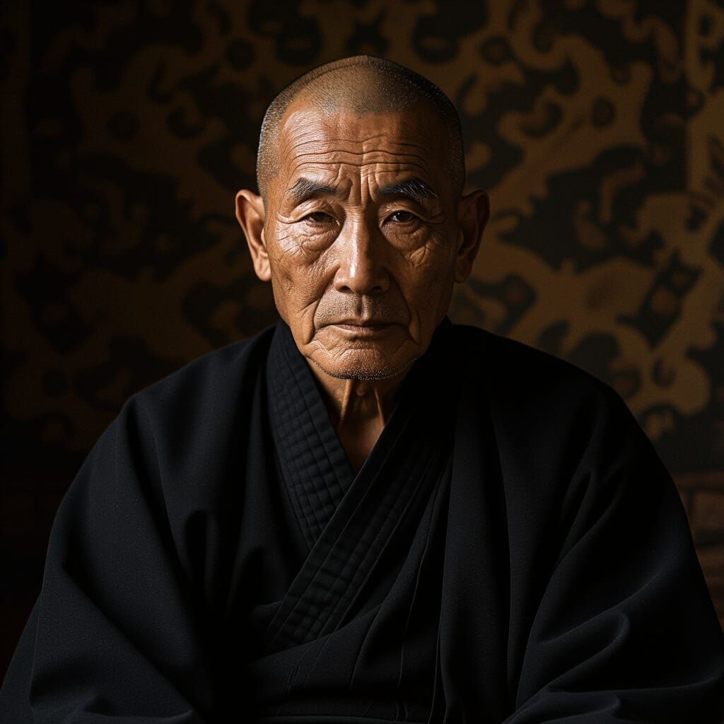 Hyperrealistic portrait of old cchan bouddhist monk from forward sitting with bouddhist traditional black dress
