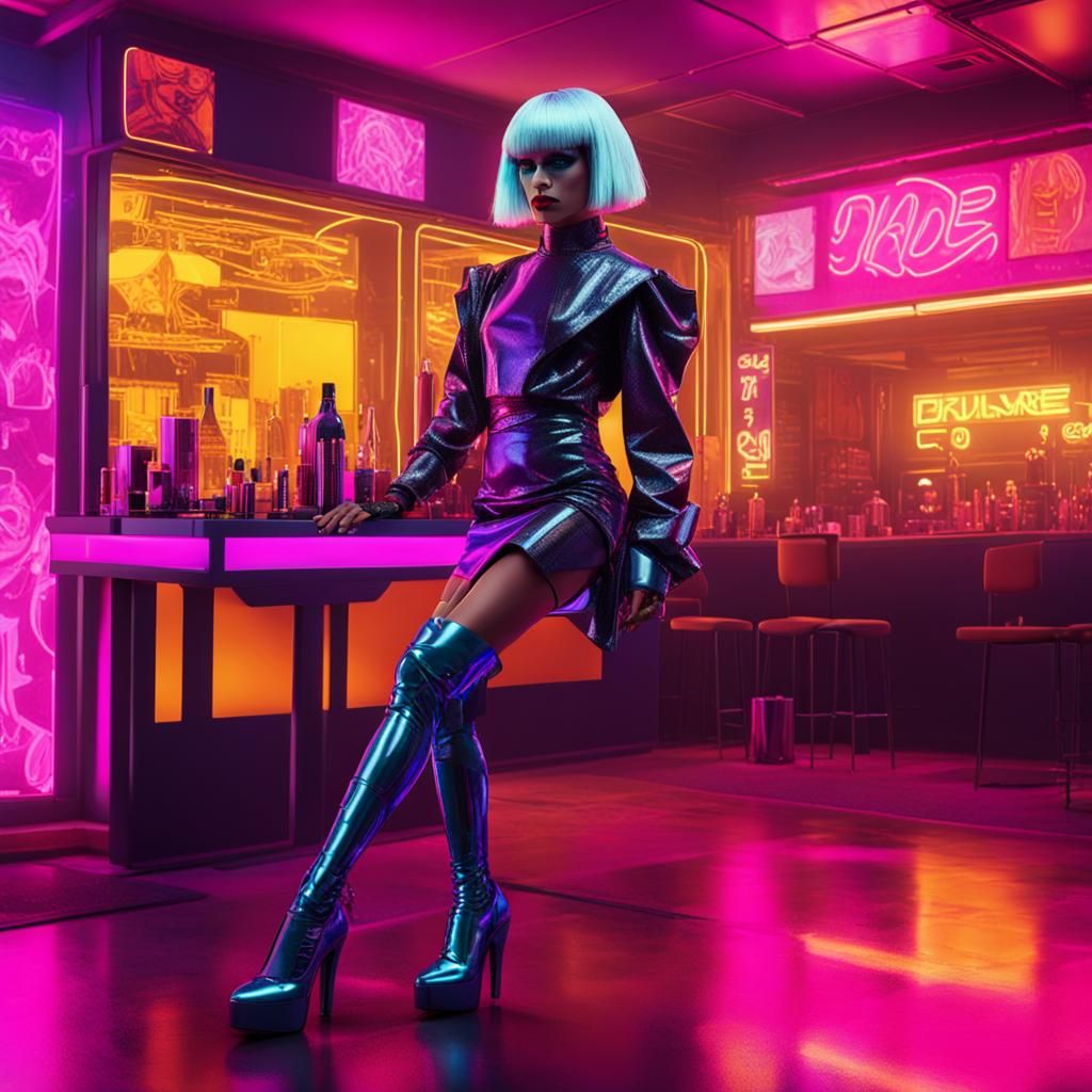 AI robot dressing like a drag queen in hight heels, blond wi...