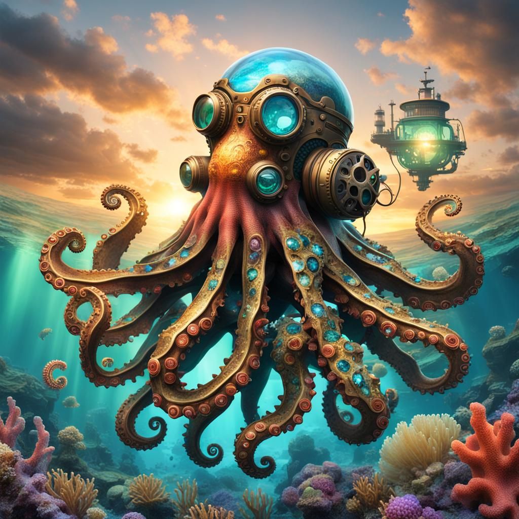 Steampunk octopus Diving For Treasures - AI Generated Artwork ...