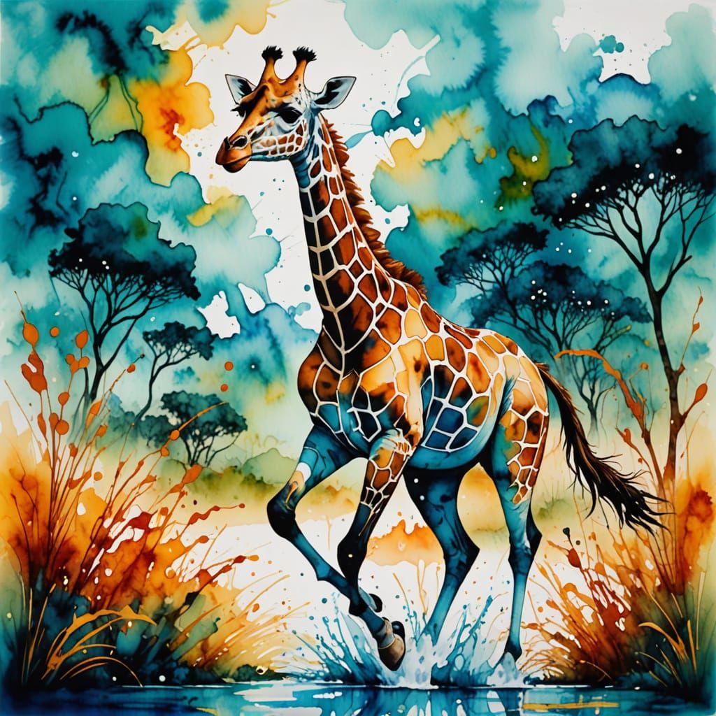 alcohol inks, a giraffe made of water galloping through the savannah  by @A Secret McDaniel