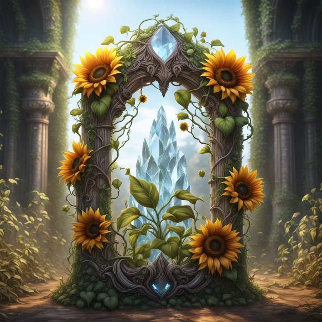 clear crystal with sunflower inside with vines climbing the ...