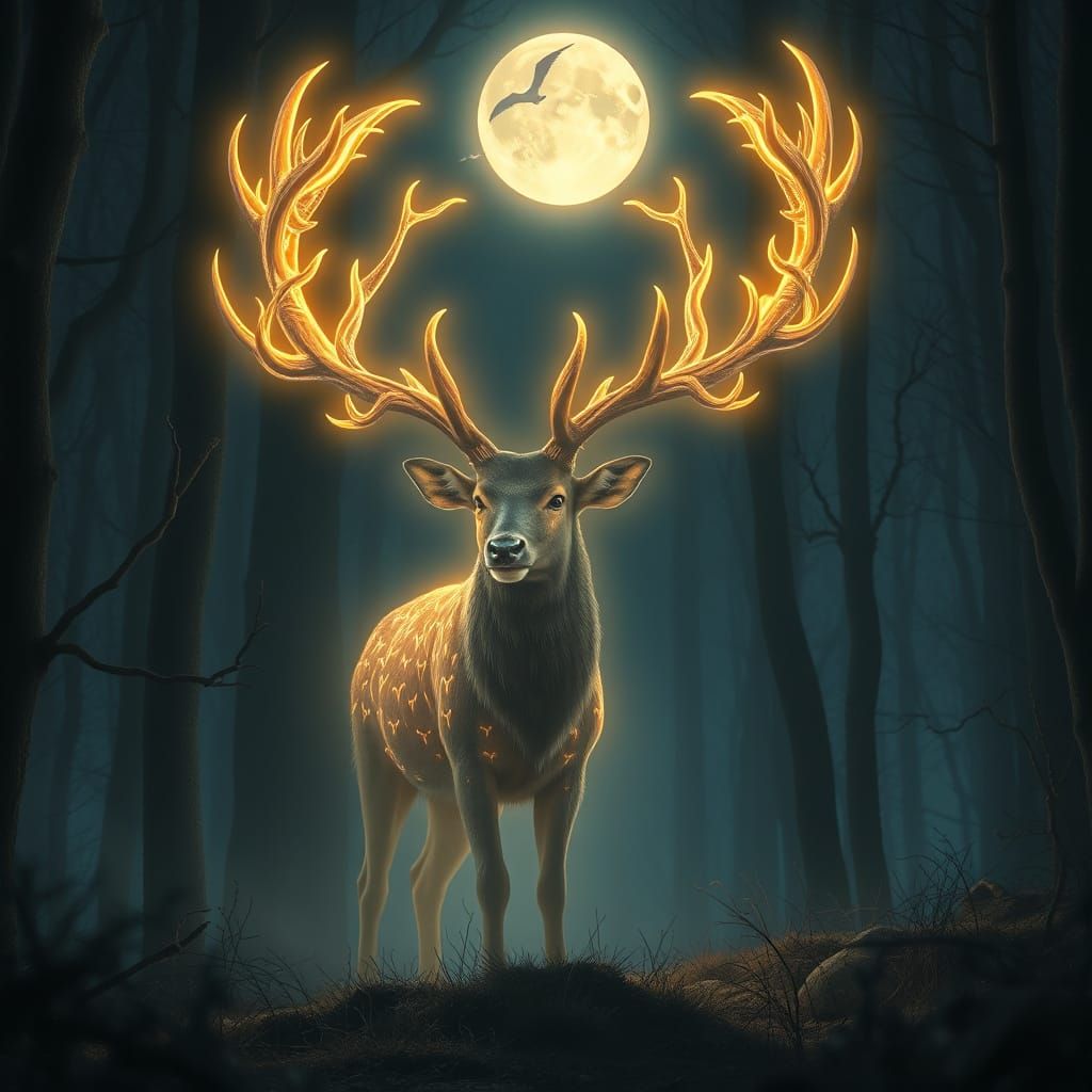 Mystical Stag Illuminates Moonless Forest