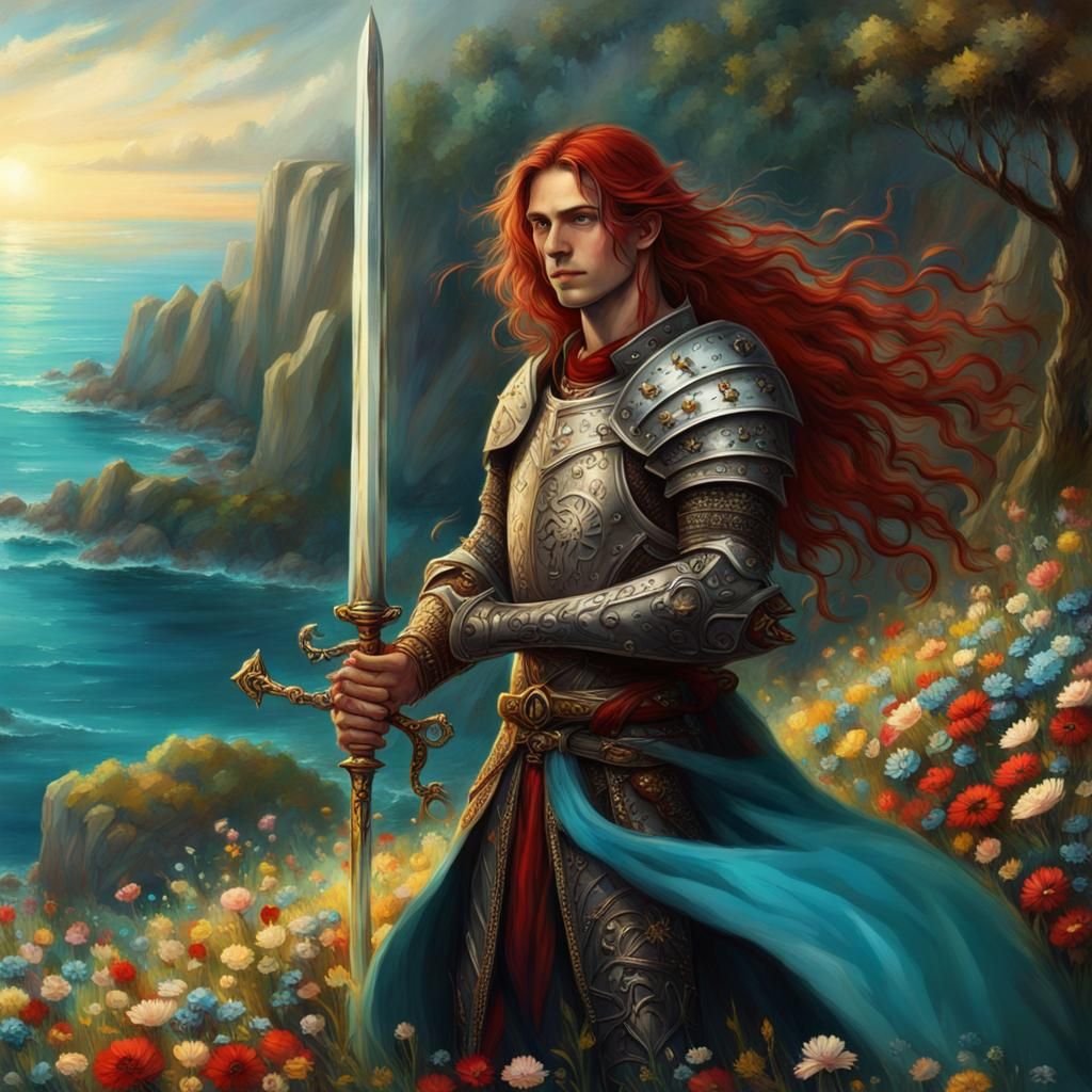 Gothic Prince with Sword in Spring Meadow