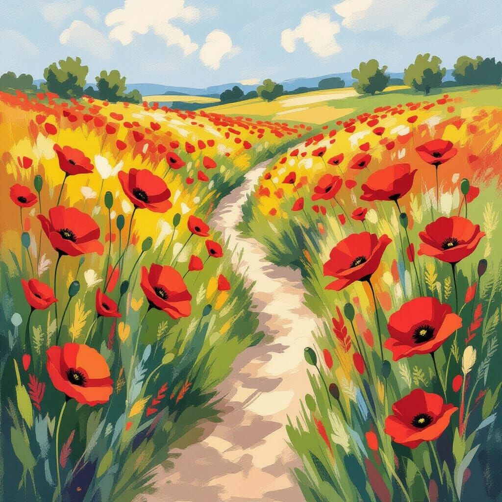 Vibrant Red Poppy Path in Impressionist Style